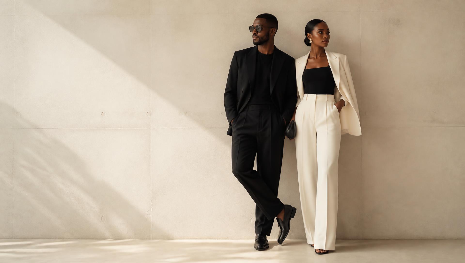 A man and a woman in elegant black and cream tailoring